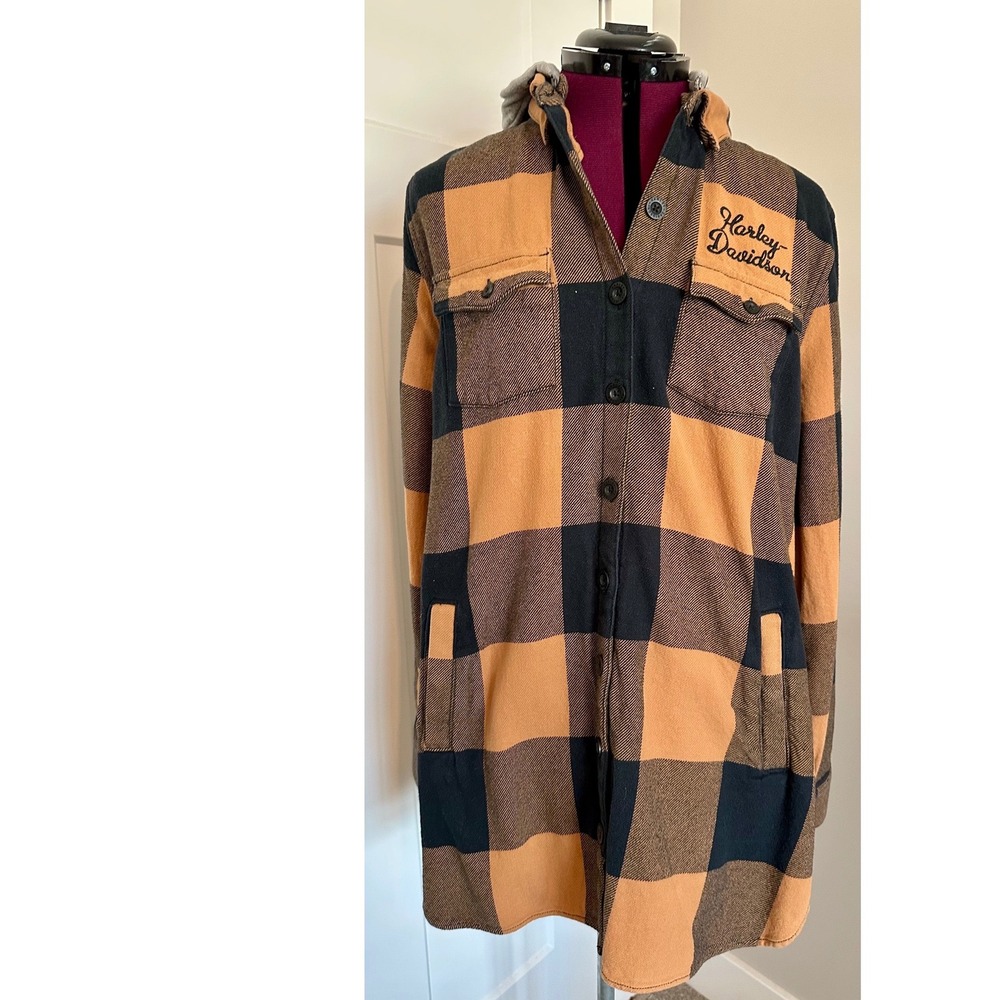 Harley-Davidson Men Orange Black Buffalo Plaid Flannel Shirt Detachable Hood L